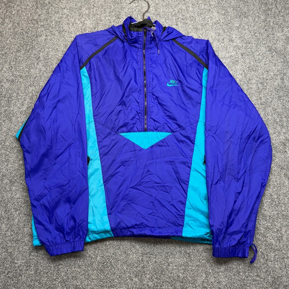 Vintage Nike Windbreaker Half Zip Pullover Hooded Purple Teal Mens Large 80s